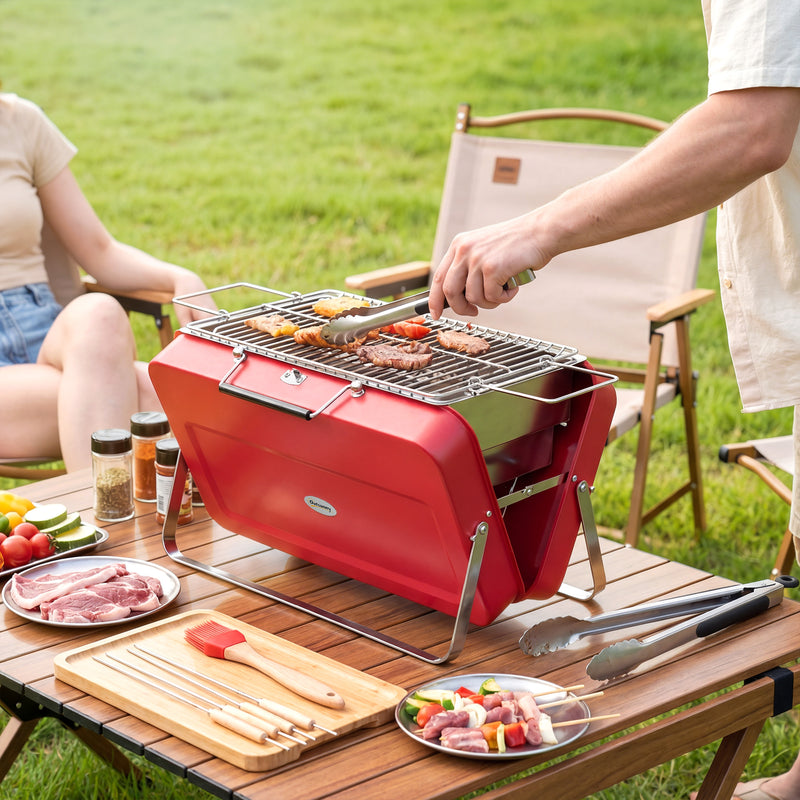 Portable Charcoal BBQ Grill for Outdoor Cooking & Camping with Carry Handles Red Outsunny