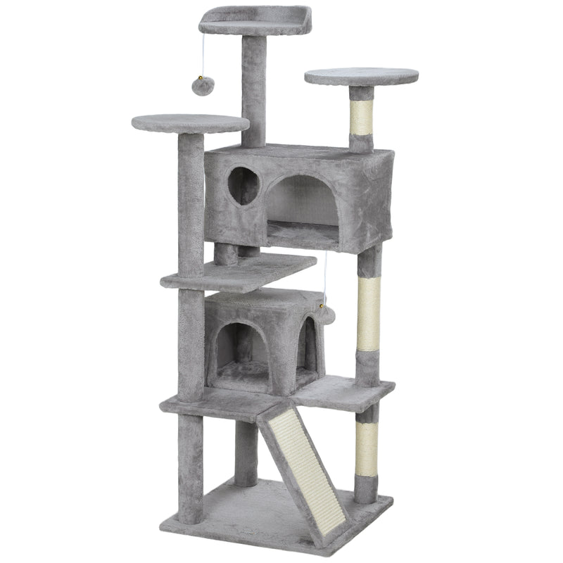 Light Grey 138cm Multi Level Cat Tree With Condos Scratching Posts And Hanging Toys