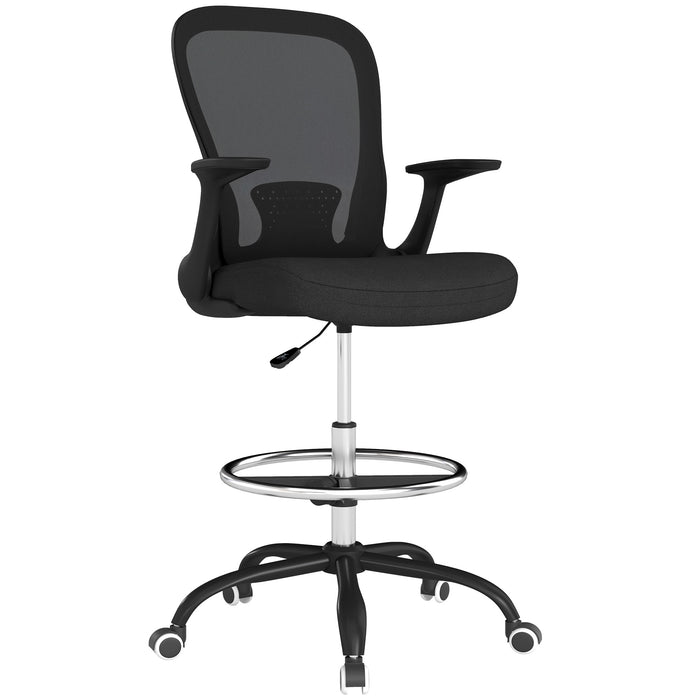 Black Ergonomic Mesh Drafting Chair with Flip-Up Armrests and Adjustable Foot Ring by HOMCOM