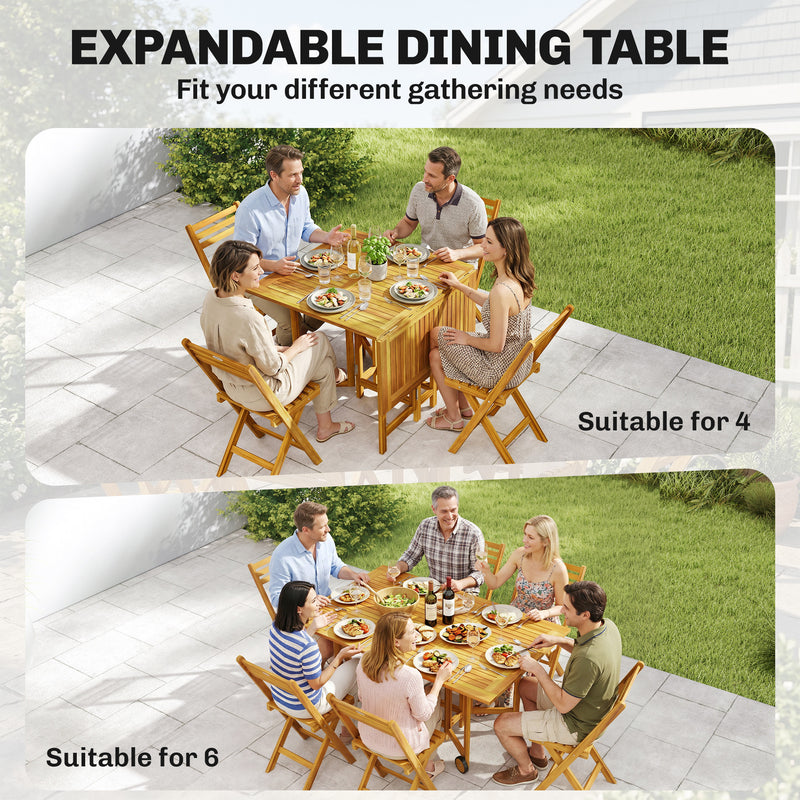 Folding Garden Dining Set for 6 with Space Saving Storage Acacia Wood Natural Outsunny