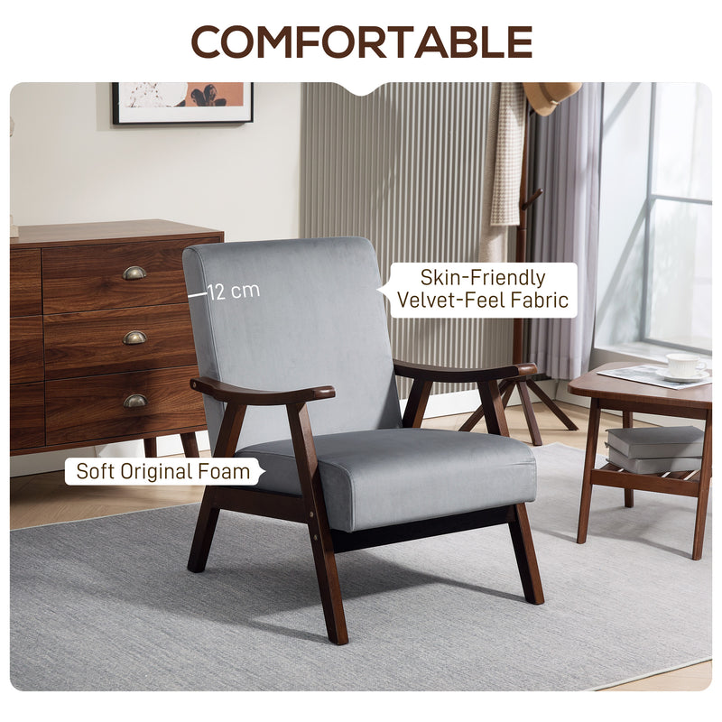 Grey Upholstered Velvet Armchair With Solid Wood Frame and Padded Seat by HOMCOM