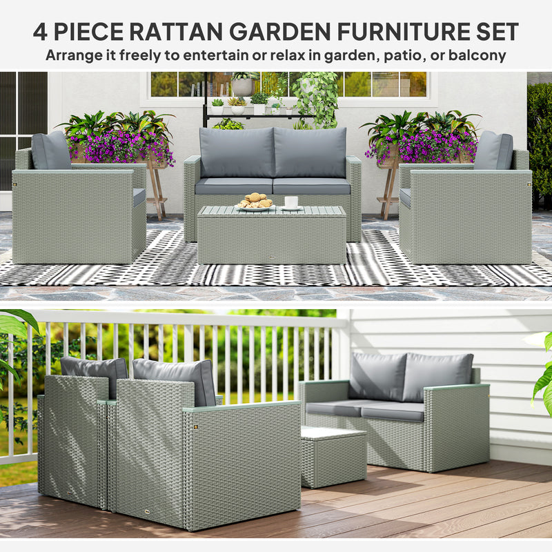 Light Grey 4 Seater Rattan Garden Furniture Set with Cushions and Coffee Table