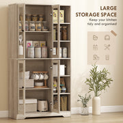 Multi Storage Kitchen Cabinet With Glass Doors And Adjustable Shelves For Home Use Grey