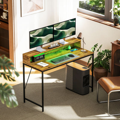 120cm Gaming Desk with LED Lights and Power Outlets Rustic Brown by HOMCOM