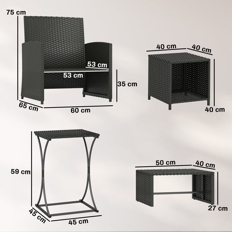 Rattan Lounger Garden Furniture Set 6 Piece with Nesting Tables and Cushioned Seats Outsunny