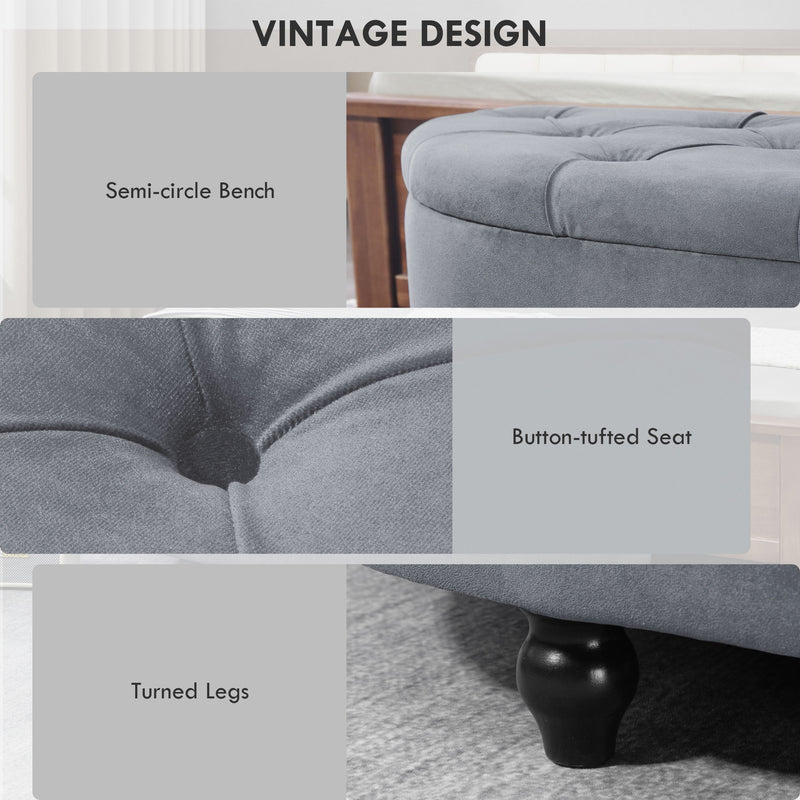 Velvet Feel Half Moon Storage Ottoman Seat With Hidden Compartment, Dark Grey