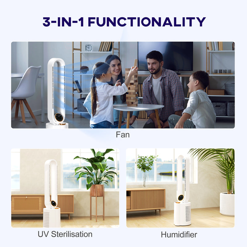 White Bladeless Tower Fan with Humidifier and Multi Modes for Home Cooling