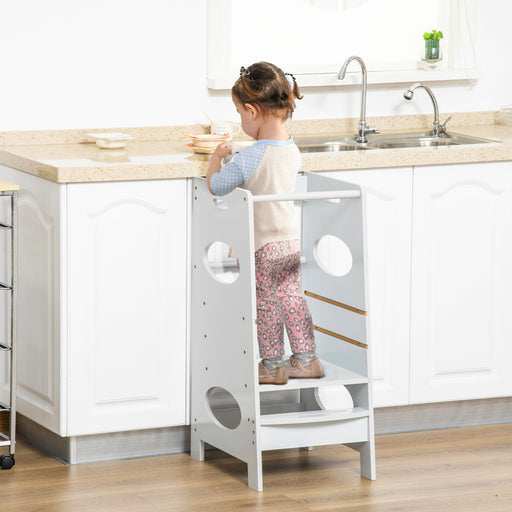 Grey Toddler Kitchen Step Stool With Adjustable Platform For Safe Independent Standing
