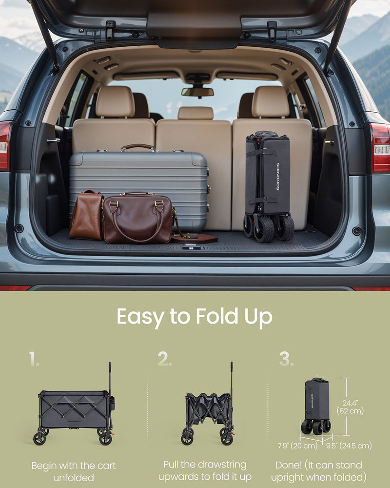 Trolley folded in a car boot beside luggage, with a three step folding guide and 62 x 20 x 24.5 cm labels