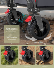 Close-up of a front wheel with red foot brake lever, shown on grass, over a branch and on gravel