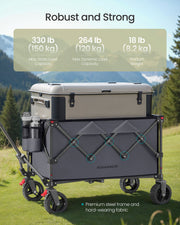 Panel listing 150 kg static load, 120 kg dynamic load and 8.2 kg product weight, with a cool box on the trolley