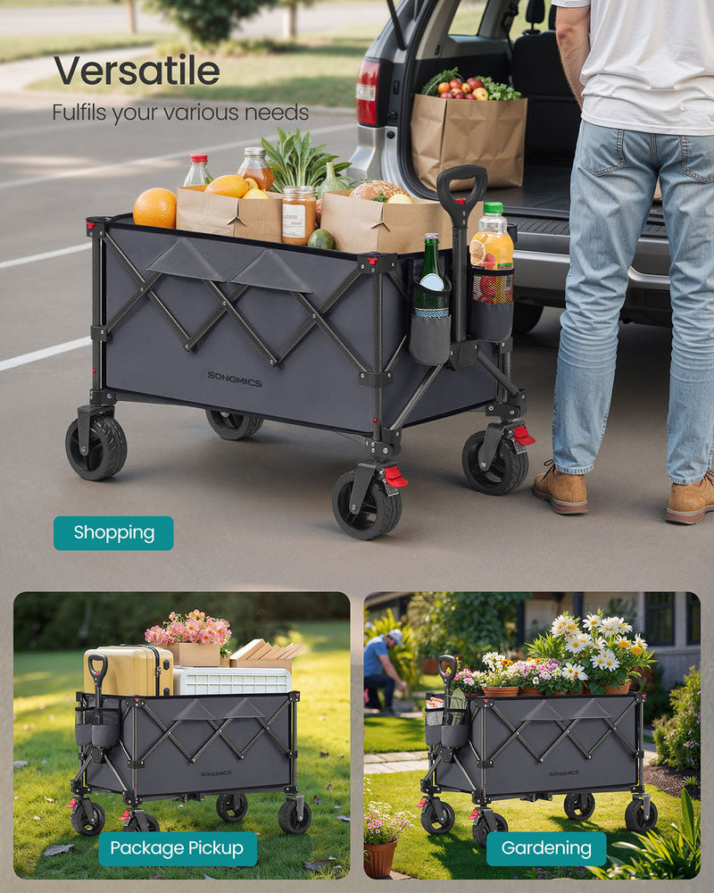 Trolley loaded with paper grocery bags at an open car boot, captioned Versatile