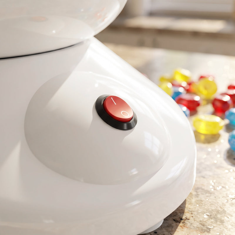 Close-up of the red power button on the white base