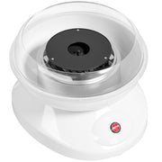 White candy floss machine with clear splash guard on a plain background