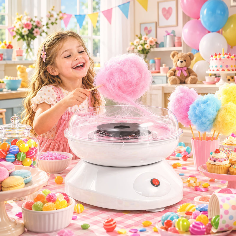 Girl holding pink candy floss beside the machine at a party table