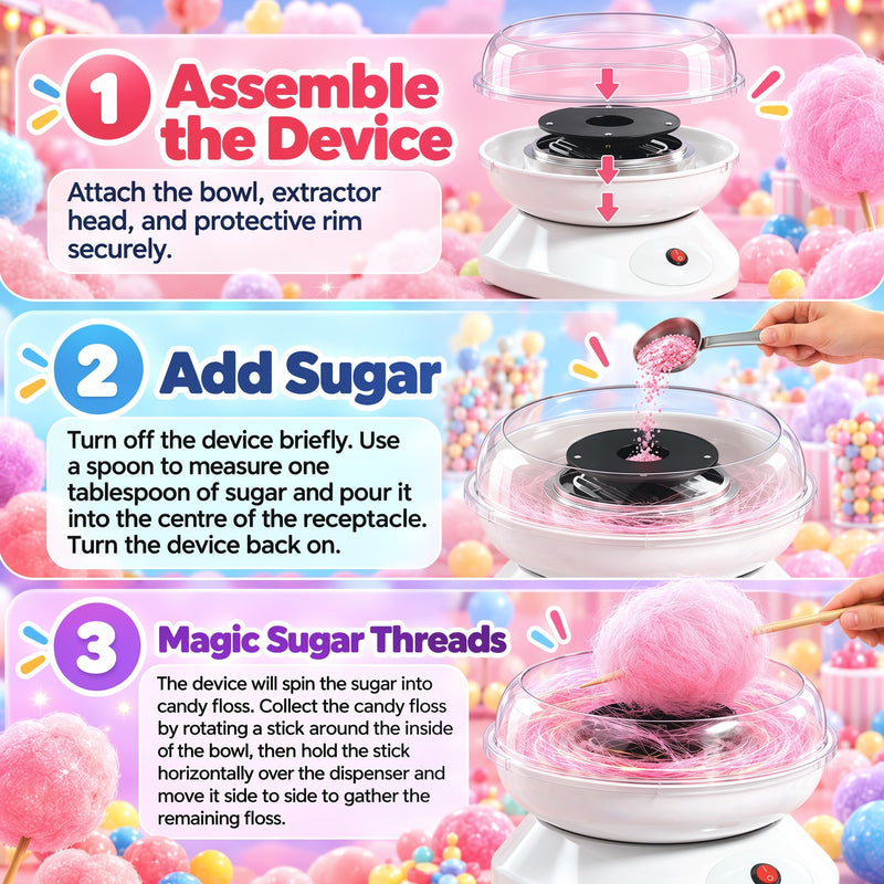 Three-step guide showing how to assemble the machine, add sugar and spin candy floss