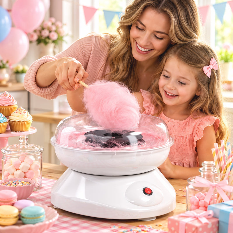 Mother and daughter making pink candy floss with the machine