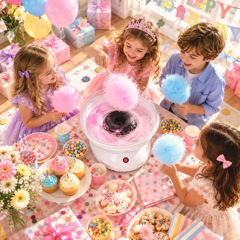 Children at a party enjoying pink and blue candy floss from the machine