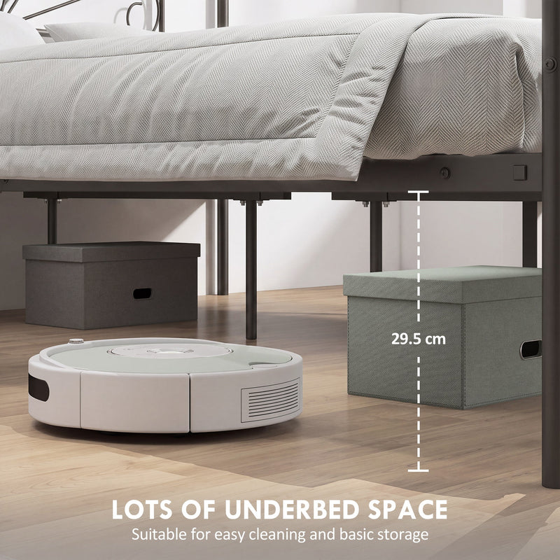 Underbed storage boxes and a robot vacuum fitting under the black frame with 29.5cm clearance