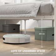 Underbed storage boxes and a robot vacuum fitting under the frame with 29.5cm clearance