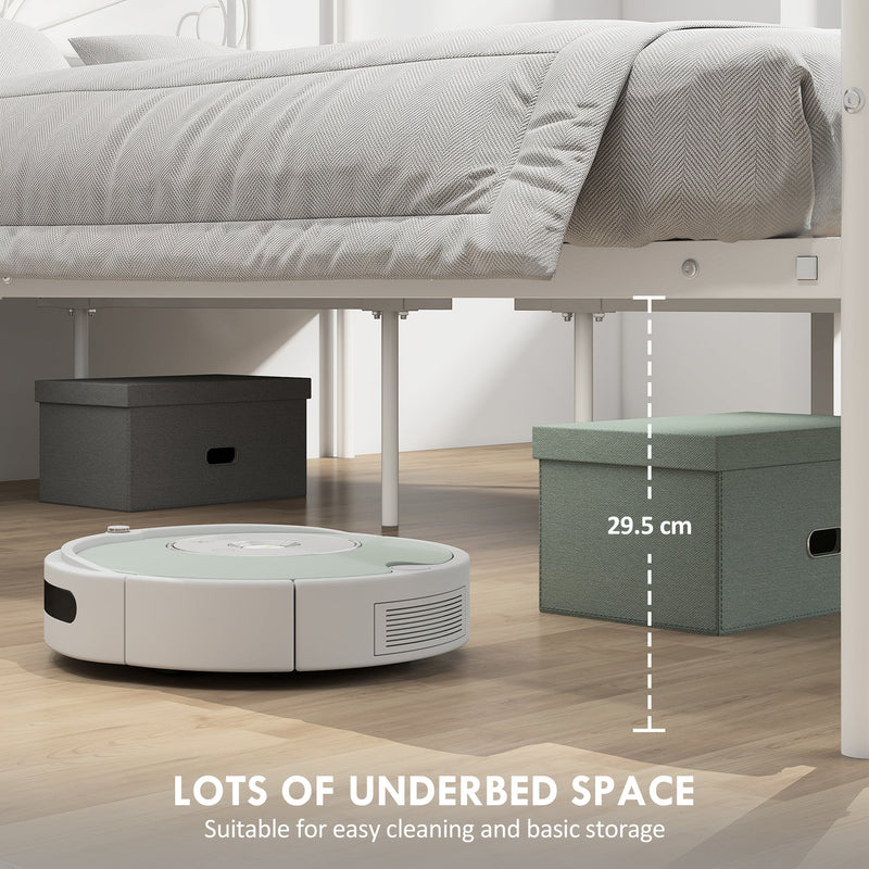Underbed storage boxes and a robot vacuum fitting under the frame with 29.5cm clearance