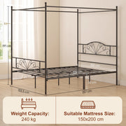 Black canopy bed frame dimensions diagram showing 155.5 x 207 x 191 cm and mattress size
