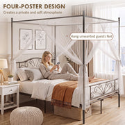 Black canopy bed frame's four corner posts for hanging a net