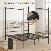 Close-up of black canopy bed frame's steel slats and support legs