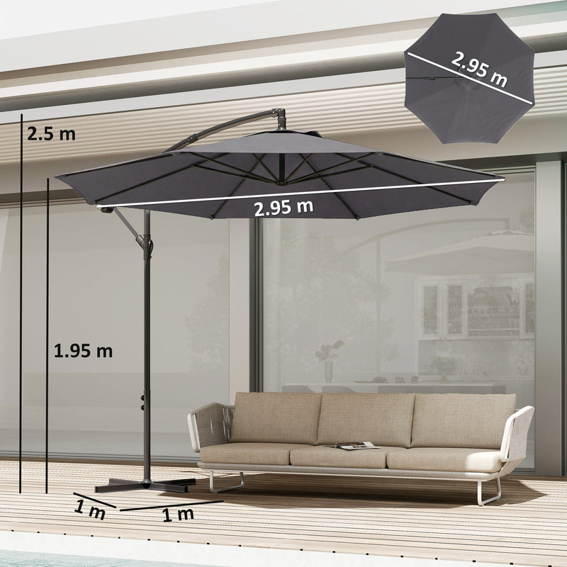 Dimensions diagram showing 2.95 m canopy, 2.5 m height, 1.95 m clearance and 1 m cross base