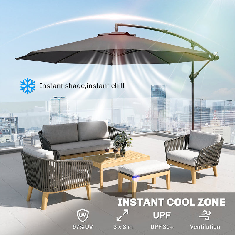 Grey parasol over a rooftop lounge set with UPF 30+ and UV protection icons