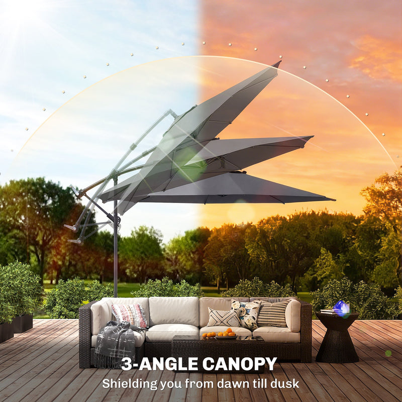 Parasol canopy shown tilted to three angles over an outdoor sofa at sunset