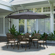 Grey cantilever parasol over a metal garden dining table and chairs on a patio