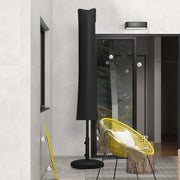 Covered parasol standing near a house entrance beside a yellow chair