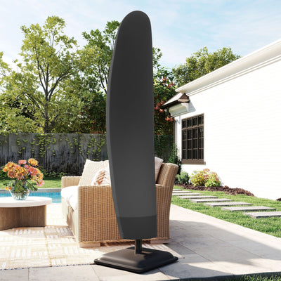Parasol cover fitted over a cantilever umbrella beside a rattan sofa on a patio
