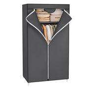 Grey canvas wardrobe with the zip rolled open, showing folded items on the shelf and clothes hanging below