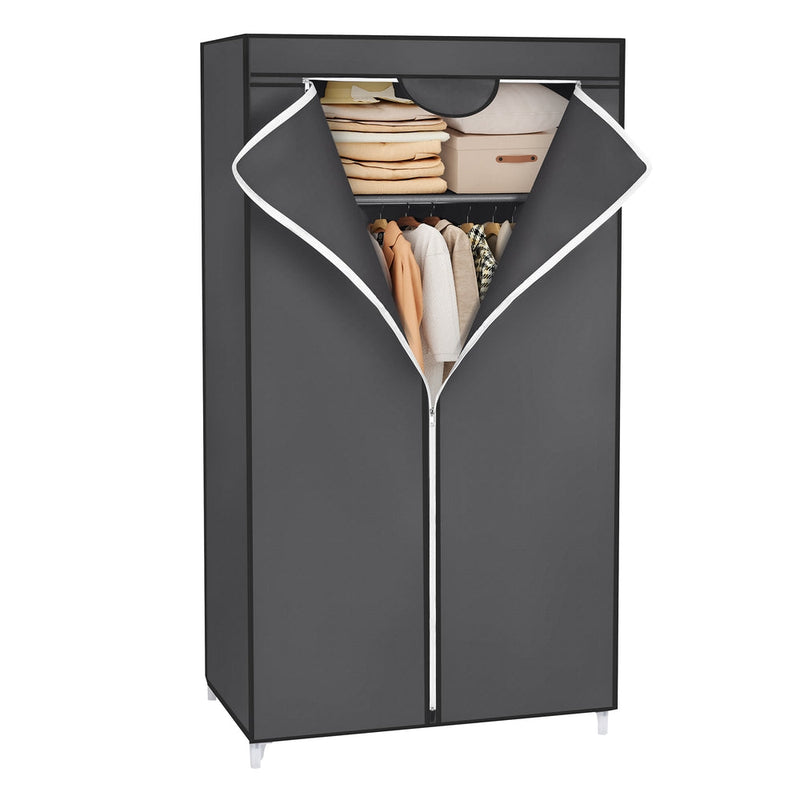 Grey canvas wardrobe with the zip rolled open, showing folded items on the shelf and clothes hanging below