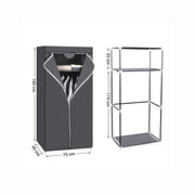 Dimension diagram of the grey wardrobe: 75 cm wide, 45 cm deep, 160 cm tall, 32 cm top shelf and 119 cm hanging section