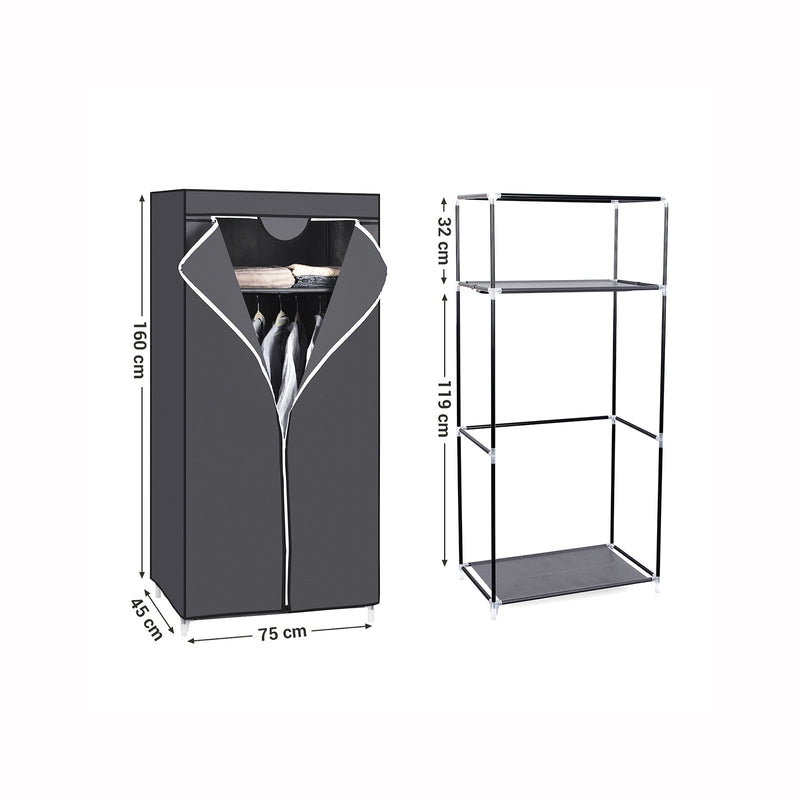 Dimension diagram of the grey wardrobe: 75 cm wide, 45 cm deep, 160 cm tall, 32 cm top shelf and 119 cm hanging section