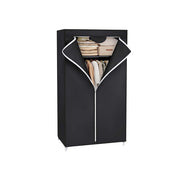 Black canvas wardrobe with the zip rolled open, showing folded towels on the top shelf and clothes on the rail below