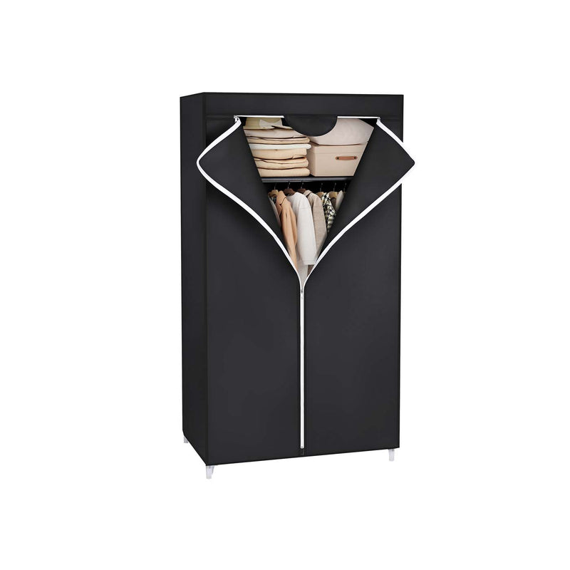 Black canvas wardrobe with the zip rolled open, showing folded towels on the top shelf and clothes on the rail below