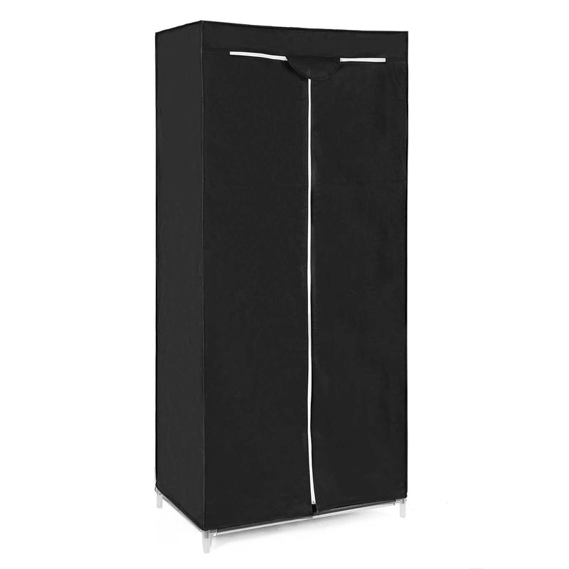 Black canvas wardrobe fully zipped shut, shown straight on against a white background