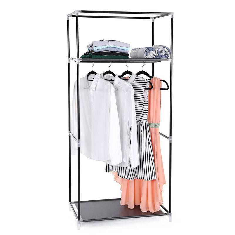 Bare steel frame of the wardrobe with shirts and a dress on the hanging rail and folded clothes on the top shelf
