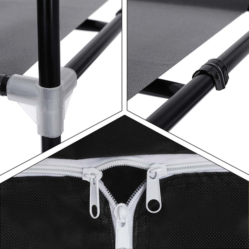 Three close-ups showing the plastic corner connector, the fabric shelf fixing and the twin white zip pulls