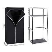 Dimension diagram of the black wardrobe: 75 cm wide, 45 cm deep, 160 cm tall, 32 cm top shelf and 119 cm hanging section