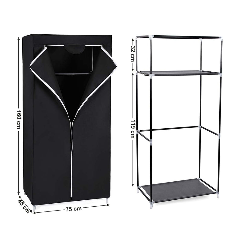 Dimension diagram of the black wardrobe: 75 cm wide, 45 cm deep, 160 cm tall, 32 cm top shelf and 119 cm hanging section