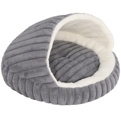 PawHut grey cat cave bed with cream fleece lining, studio view