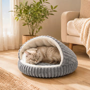 Cream cat sleeping in the grey cat cave bed near a houseplant
