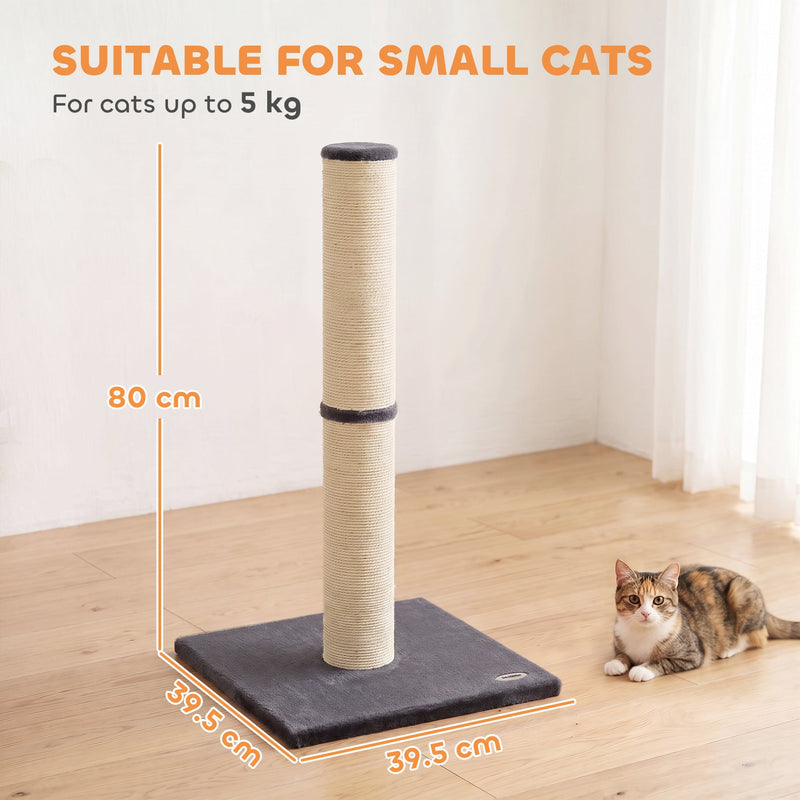 Dimension diagram of the Pawhut scratching post: 80 cm tall, 39.5 x 39.5 cm base, for cats up to 5 kg