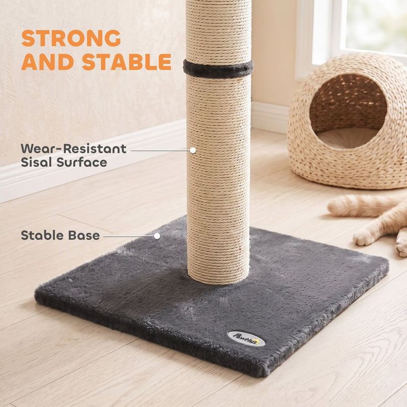 Close-up of the Pawhut scratching post's wear-resistant sisal surface and stable plush base