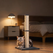 Cat resting beside the Pawhut scratching post in a bedroom setting